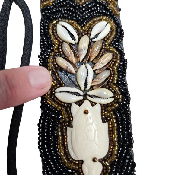 Handcrafted Beaded Black Beige‎ Bohemian Belt Cowrie Shells Carved Turtle Tie - Picture 3 of 11